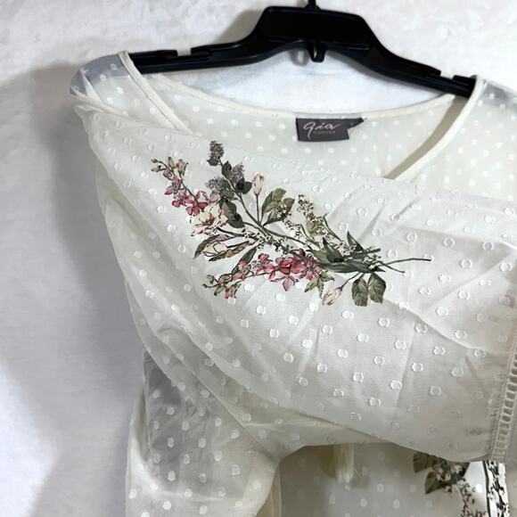 GIA Boho Top XXL White Oversized Sheer Floral Print Peasant Plus Flutter Tassel - Picture 4 of 16